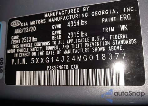 2021 Kia K5 Lxs z USA, uszkodzony, nr VIN 5XXG14J24MG018377